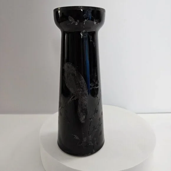 Czechoslovakian Pottery Vase Black Hand-Etched Bird Motif Gloss Finish 6.5"t - Picture 5 of 16